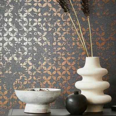 Non-woven wallpaper circles textile effect shabby anthracite copper metallic 35119 (€5.61/1sqm - Image 1 of 4