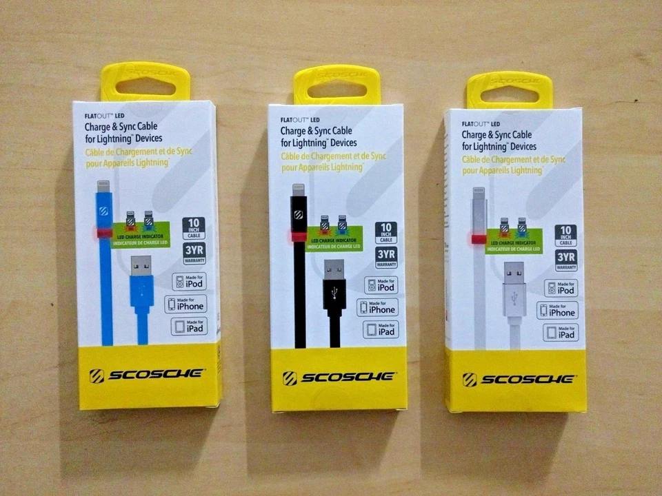 3 упаковки кабеля Scosche Apple Lightning для зарядки и синхронизации 10 дюймов со светодиодным индикатором - Изображение 1 из 4
