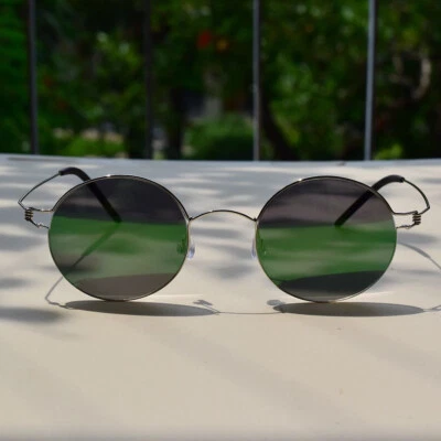 Retro Redondo Espejo Verde Polarizado Gafas De Sol Hombre Titanio Redondo Verde Gafas Foto 1 de 4