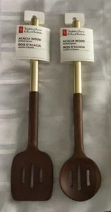 NEW Pair of Acacia Wood Slotted Turner and Slotted Spoon with Gold Accent Handle - Picture 1 of 6