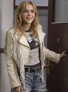Women Fringe Leather Jacket Keirnan Shipka Totally Killer Off White Biker Jacket - Picture 1 of 9