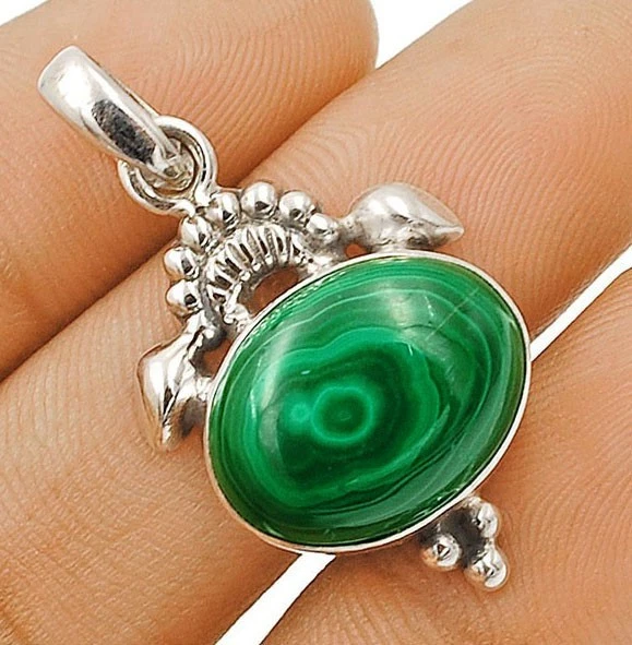 Natural Malachite 925 Solid Sterling Silver Pendant Jewelry  - Image 1 of 1