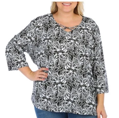 Coral Bay 1X Plus Black & White Floral Knit  3/4 Sleeve Tee Shirt New Foto 1 de 4