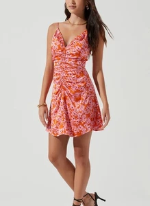 ASTR The Label Peony Mini Dress Size: Small Pink Satin Ruched Plunged Neckline - Picture 1 of 10