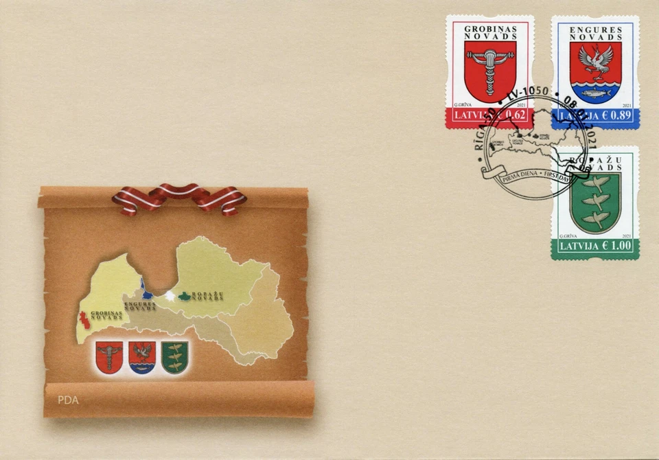 Latvia Coat of Arms Stamps 2021 FDC Cities & Regions Emblems CoA 3v S/A Set - Image 1 of 1