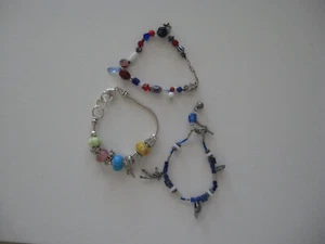 THREE (3) COLORFUL ART GLASS BEADED MULTI-THEMED CHARM BRACELETS - Picture 1 of 6