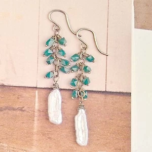 Green ONYX Cube Beads + White Biwa PEARL Earrings Sterling Silver Wire Wrapped - Picture 1 of 5
