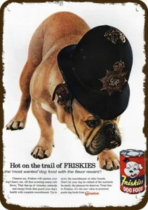1960 ENGLISH BULLDOG & FRISKIES Dog Food Vntg-Look DECORATIVE REPLICA METAL SIGN - Picture 1 of 1