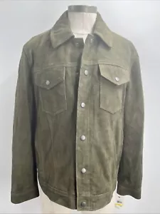 Cole Haan Men's Long Sleeve Button Olive Green Suede Trucker Jacket Size Medium - Picture 1 of 21
