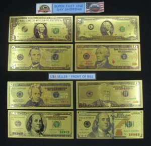 Full Set of 8 Gold Bills $1 $2 $5 $10 $20 $50 Old $100 New $100-New Banknotes - Picture 1 of 18