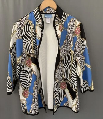 Koret Open Front Knit Jacket Large Blue Mixed Print Chain Zebra Leopard Animal - Изображение 1 из 4