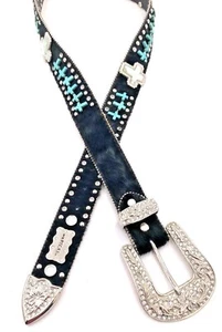 Atlas Cowhide Leather Belt Crystals Cross Turquoise Horse/Cow Black Hair - Picture 1 of 10