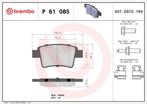 JUEGO PASTILLAS FRENO, FRENO DISCO BREMBO P 61 085 EJE TRASERO PARA CITROËN,PEUGEOT,PEUGEOT - Imagen 1 de 3