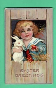 Ostern HASE JUNGE UND EI VINTAGE GEPRÄGTE POSTKARTE GEBRAUCHT 429 - Bild 1 von 2