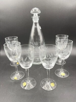 7-Piece Bohemia Crystal  Engraved Rose Wine Set Decanter & Glasses Belfor - Image 1 of 4