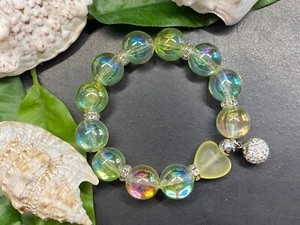 Armband Gr. S-M Acryl Perlen Miracle Beads Anhänger Strass Herz #1027-9 - Bild 1 von 2