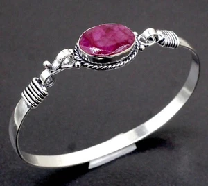 925 Sterling Silver Pink Ruby Gemstone Handmade Jewelry Cuff Bracelet Size-ADJ - Picture 1 of 9