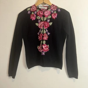 Vintage Keita Maruyama Wool Blend Rose Embroidered Cardigan Black Made In Japan - Picture 1 of 10