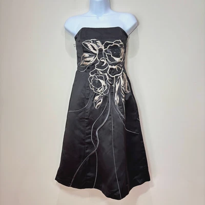 WHBM Black Satin Midi Dress 0 Gold Floral Embroidery Bead Formal Holiday Elegant - Image 1 of 4