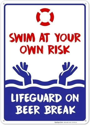 Letrero de metal de hojalata nadar a su propio riesgo piscina piscina reglas divertido retro 8x12 Foto 1 de 4