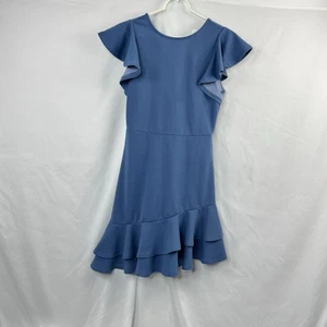 Damenkleid V-Ausschnitt Lagenlook Rüschensaum Flatterärmel, Größe S, stahlblau - Bild 1 von 13