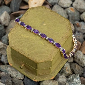 Lab Created Amethyst & Zircon Diamond Gold Plated 925 Sterling Silver Bracelet. - Picture 1 of 10