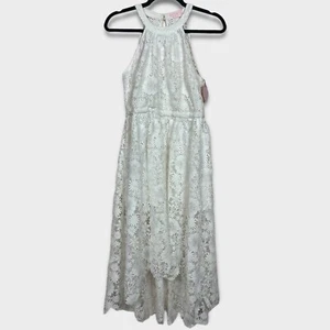 Vestido de novia Vow’d alto bajo talla pequeña cuello alto encaje ojo de cerradura espalda blanco playero - Imagen 1 de 9