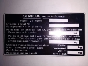 Schild Typenschild Oldtimer Simca 1500 1100 1000 s102 - Bild 1 von 1