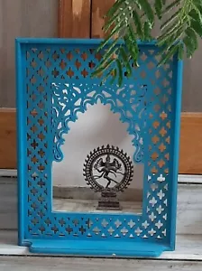 Indian decorative wooden blue mirror frame wall hanging mehrab painted jharokha - Picture 1 of 8