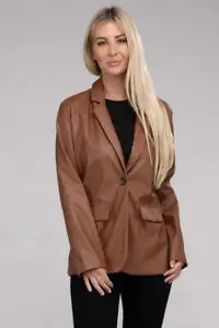 Ambiance Apparel Preppy Style Blazer Sleek Pu Leather with Front Closure - Picture 1 of 21