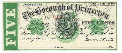 1862 New Jersey Borough Princeton 5 Cents Christmas Day green overprint #2115 - Image 1 of 3