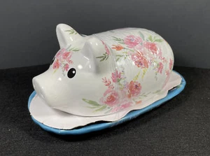 Gibson Farmhouse Pink Floral White Pig Butter Dish Everyday Ceramic Blue Plate - Picture 1 of 12
