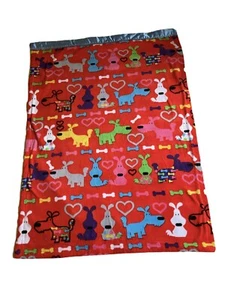 Handmade Flannel and Satin Child Blanket 29x40 Red with Dogs, Bones and Hearts - Picture 1 of 7