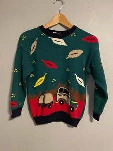 Vintage Talbots for Kids Sweater Unisex Medium Green Camper Fall Leaves Art 90s - Picture 1 of 6