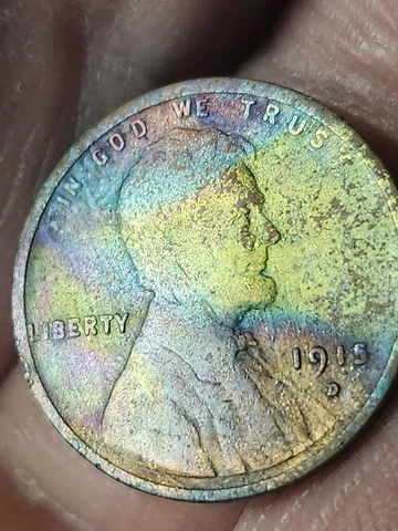 1915 D wheat cent toned Lincoln penny Rainbow Neon pretty colors #270 AU+ Unc Cover