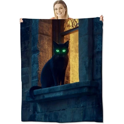 Black Cat Flannel Throw Blanket 60x50 Inch, Mysterious Kitten with Glowing Gr... - Image 1 of 4