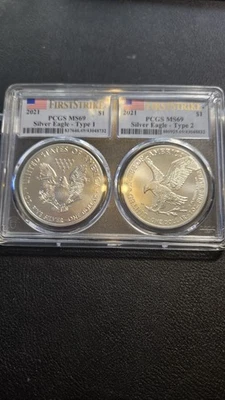 2021 Tipo 1, Tipo 2 Silver Eagle Conjunto MS69 Primeiro   - Imagem 1 de 4