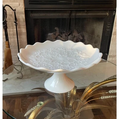 Fenton Spanish Lace Milk Glass Cake Stand: MCM Wedding Decor - Image 1 of 4