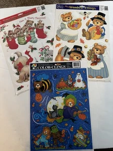 Lot Of 3 Sheets Halloween Thanksgiving Fall Christmas Vintage Window Clings - Picture 1 of 6
