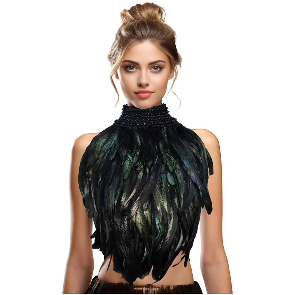 Fantasia xale cabo de pena colarinho asas bruxa adulto pescoço de corvo - Imagem 1 de 4