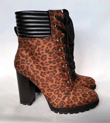 JUSTFAB SHANDEE Leopardino & Black Lace Up Booties Chunky 4.25" Heels Size 9 NIB - Image 1 of 4