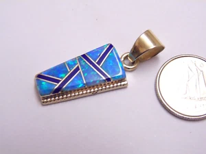 Vtg Navajo Sterling Silver Turquoise Opal Blue Lapis Mosiac Pendant Signed CJ - Picture 1 of 4