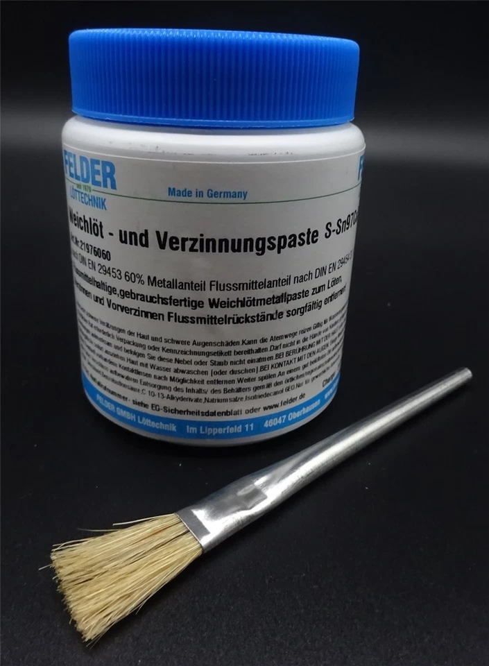 FELDER LÖTTECHNIK 500g Karosserie Löt- und Verzinnungspaste Sn97Cu3 60% Metallanteil incl. Pinsel