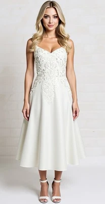 NWT Adrianna Papell White Tea Length Wedding Gown Dress lace Bodice Sz 4 6 8 - Image 1 of 4