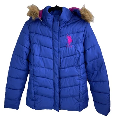 U.S. Polo Assn. Puffer Jacket Size XL Blue Hooded Faux Fur Trim Zip Snap Close - Image 1 of 4