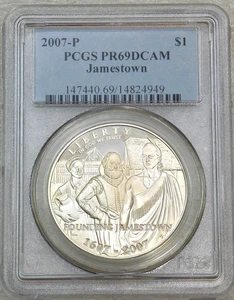 2007-P Jamestown Silver Dollar PCGS PR69DCAM White Deep Cameo Proof #U177T - Picture 1 of 4