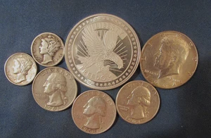 LOT 6 US SILVER COINS & 1 OZ 999 SILVER FREEDOM ROUND 1964 HALF $ 3 QUARTERS ++ - Picture 1 of 3
