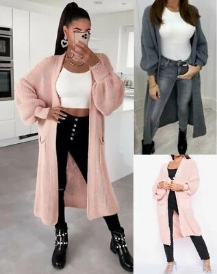 Women's Long Maxi Knitted Balloon Sleeve 2 Pocket Cardigan Sizes UK 8-16 - Image 1 of 2