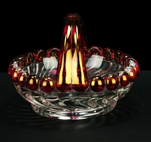 Vintage Clear Molded Glass Basket with Cranberry Beaded Edge and Handle - Picture 1 of 4