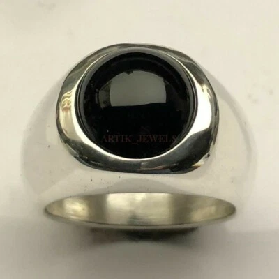 Natural Ónice Negro Piedra Con 14K Oro Blanco Anillo de Plata para Hombres #1187 - Imagen 1 de 4